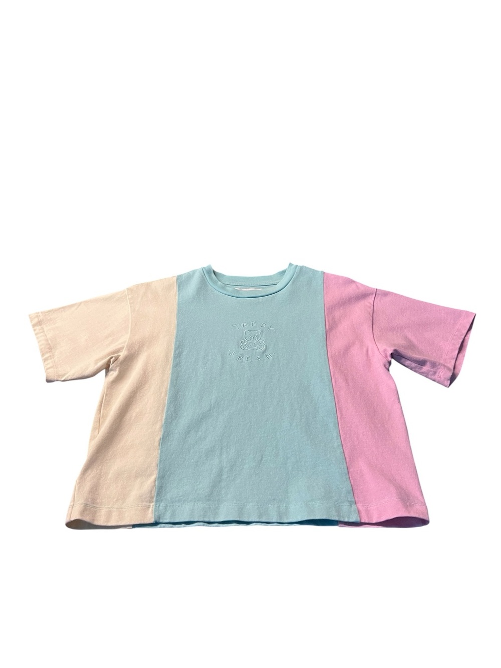 Teddy Fresh Pastel Triple-Panel Tee in Mint, Pink & Yellow Women’s Small